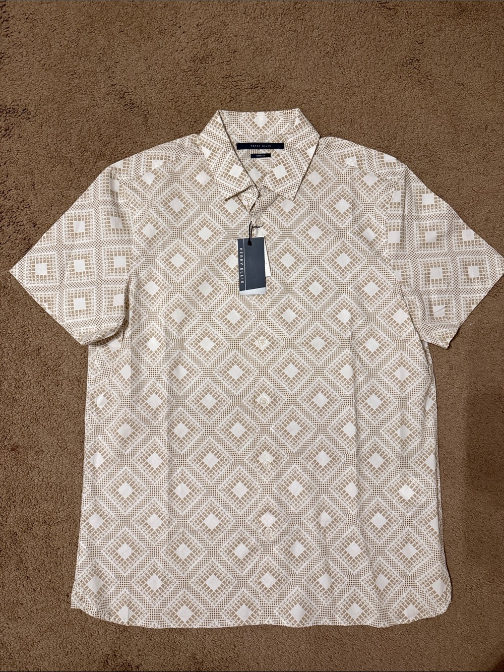 Perry Ellis Cream & Beige Geometric Short-Sleeve Polo